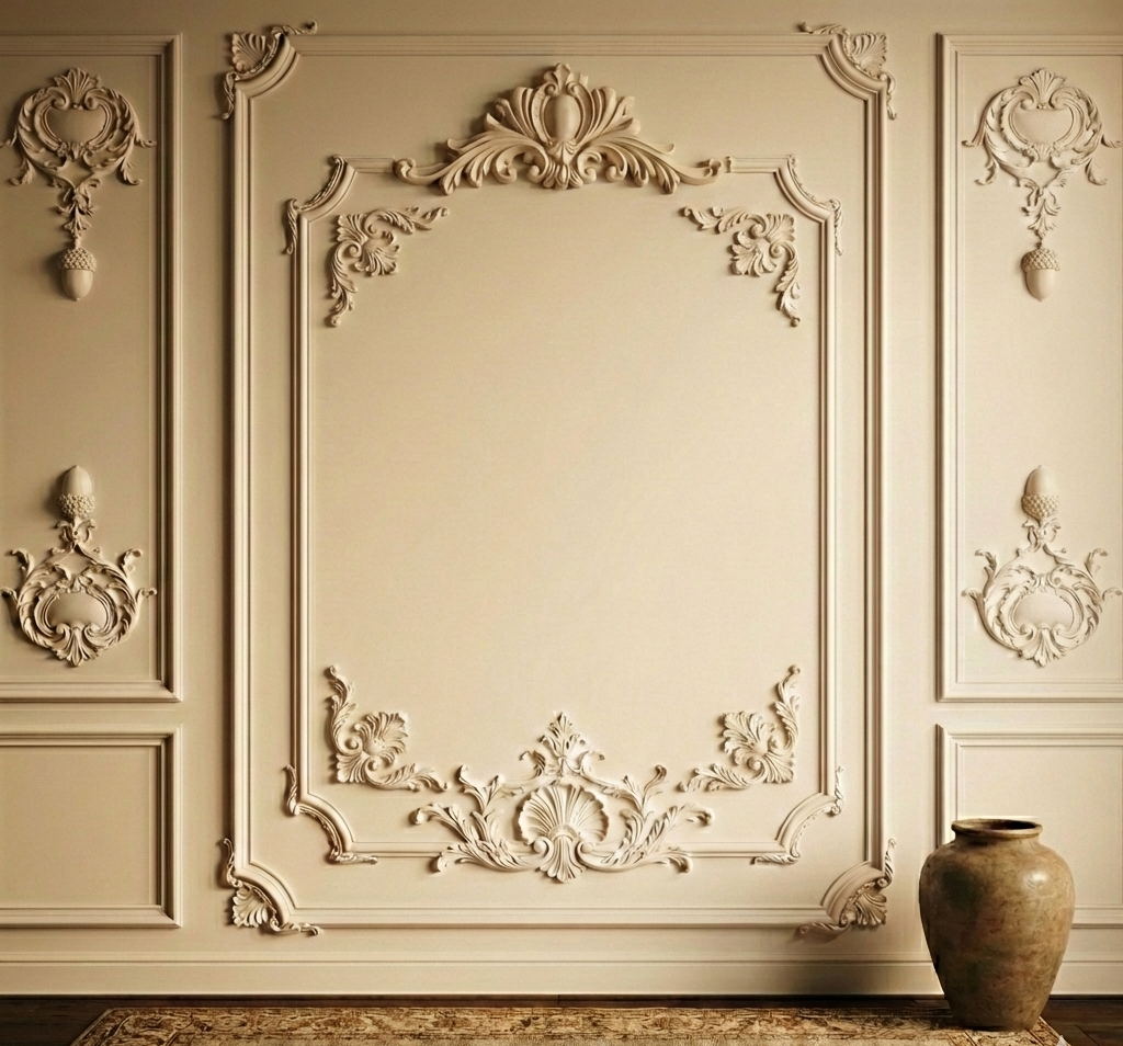 Intricate ornamental centerpiece showcasing vintage floral designs in graceful swirls, perfect for enhancing interior decor with a touch of elegance and craftsmanship.