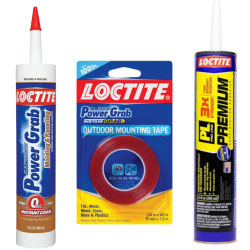 Image features a selection of adhesives and tapes, showcasing a caulk tube, outdoor mounting tape, and premium adhesive for diverse bonding applications in various projects.