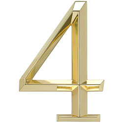 Shiny gold house number '4' featuring a modern, three-dimensional design, perfect for enhancing curb appeal and clearly displaying addresses. Ideal for residential or business use.