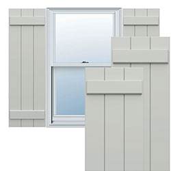 Durable PVC board shutters framed around a window, showcasing a modern and clean design that enhances architectural appeal and complements various exterior styles.