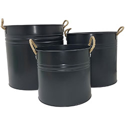 Stylish black patio planters with rope handles, perfect for enhancing outdoor decor and adding a modern touch to gardens and patios. Ideal for various plant arrangements.