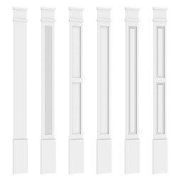 Elegant white architectural elements showcasing various designs of pilasters, plinths, and capitals against a clean background, enhancing classical and modern spaces.